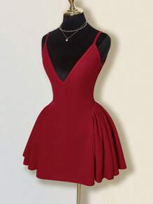 SHEIN ICON 纯红色迷你A字蓬蓬裙，性感优雅收腰深V领露背碎花连衣裙，适合约会和派对 - 酒紅色 - 查看 11