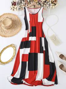 Damen Kleid mit geometrischem Muster, ärmellos, Rundausschnitt, mit Taschen