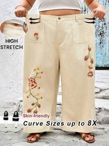 SHEIN CURVE+ 大码女式宽松夏季阔腿裤，像素化花卉刺绣装饰，前口袋，休闲度假夏季/乡村/海滩度假装/沙滩装/沙滩装 - 米色 - 查看 4