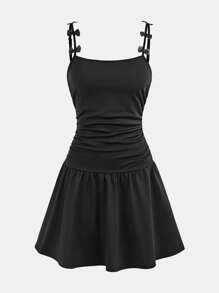 SHEIN Teen Girls Fitted Casual Dress With Bow Decor And Ruched Waist - Black - View 2