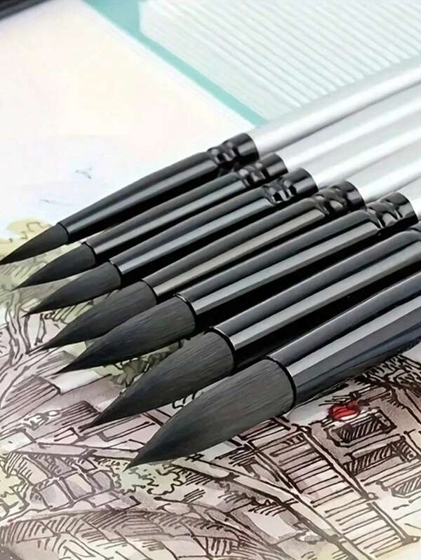 SHEIN 7pcs Squirrel Hair Watercolor Paintbrush Set - Professional Art Quality, Suitable For Beginners And Gouache Painters, Black Swan Round Tip