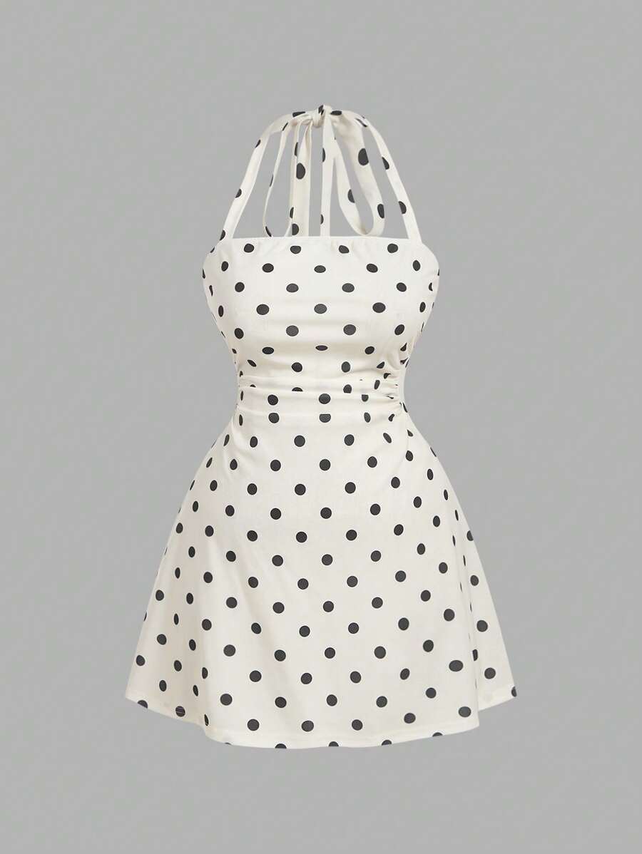 SHEIN MOD Women Polka Dot Pattern Halter Mini Dress - Apricot - View 1