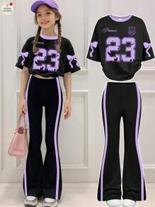 SHEIN Conjunto de 2 piezas de niña preadolescente de top de manga corta y pantalones minimalista casual, adecuado para el verano