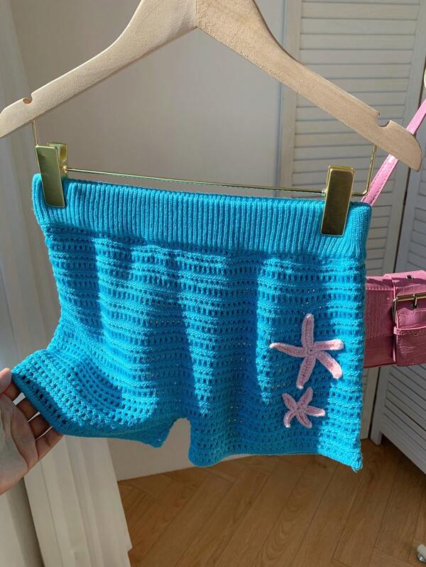 Comfortcana New Women's Holiday Leisure Starfish Decoration Crochet Knitted Shorts Blue Suitable For Summer Seaside Vacation Music Festival Daily Leisure All-Match Fashion Items