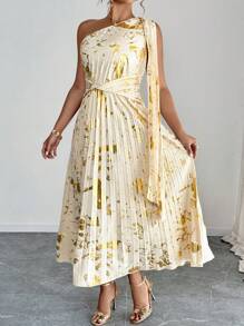 SHEIN LUNE Vestido con diseño plisado con lámina para mujeres de talla grande - Albaricoque - Ver 1