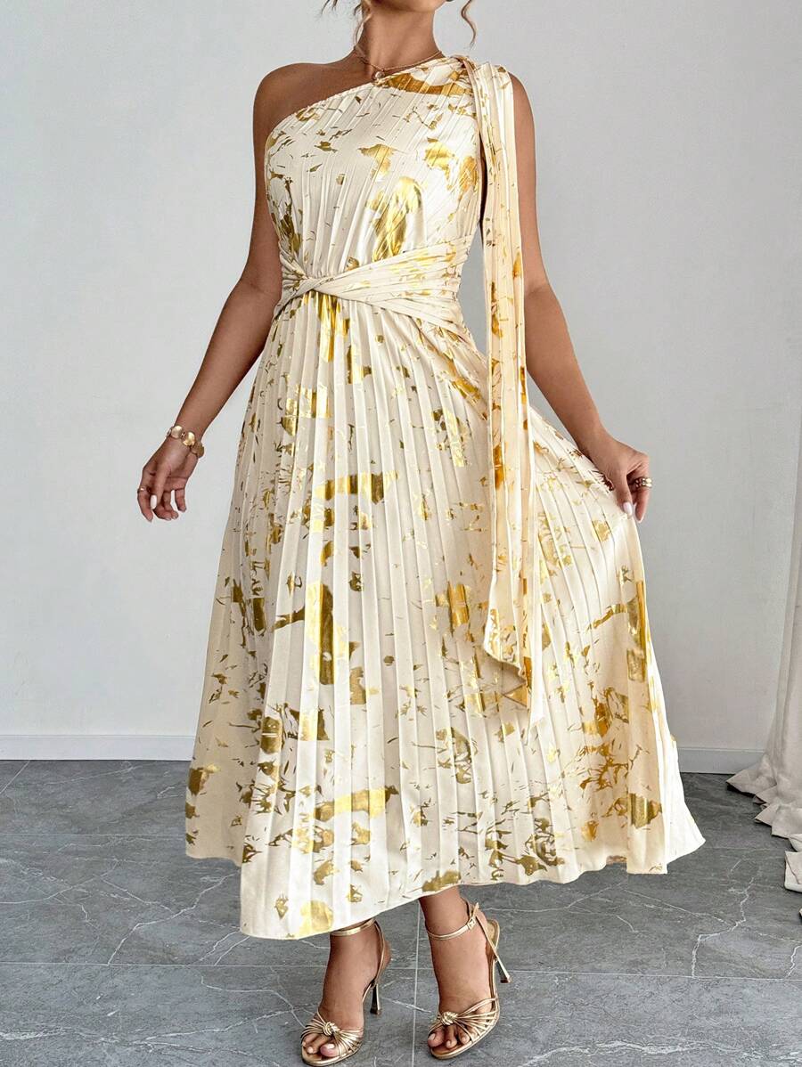 SHEIN LUNE Vestido con diseño plisado con lámina para mujeres de talla grande - Albaricoque - Ver 1