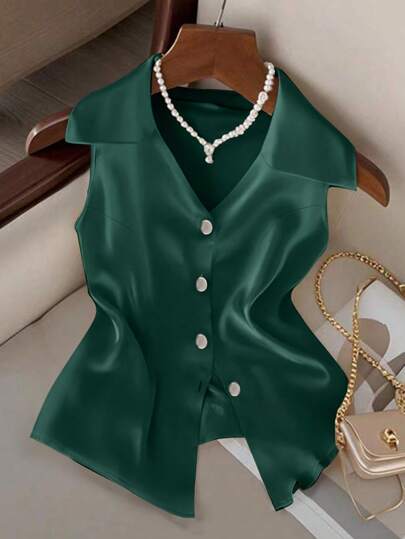 GlowEve CURVE Plus Size Elegant Collarless Sleeveless Button Up Shirt Women Summer Clothing Summer Clothes Women Clothes Tops For Women Elegant Women Summer Shirts Women Plus Clothing Formal Women Plus Clothing Business Casual Tops For Women Women Blouses Elegant Shirts For Women Elegant