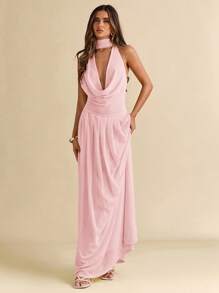 SHEIN BAE Women's Solid Color Mesh Plunging Neck Backless Ruffle Hem Sheer Dress, Sexy Vacation Style