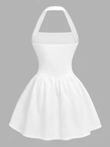 Girlism 少女白色针织细肩带喇叭裙，适合情人节、派对，迷你长度 - 白色 - 查看 2