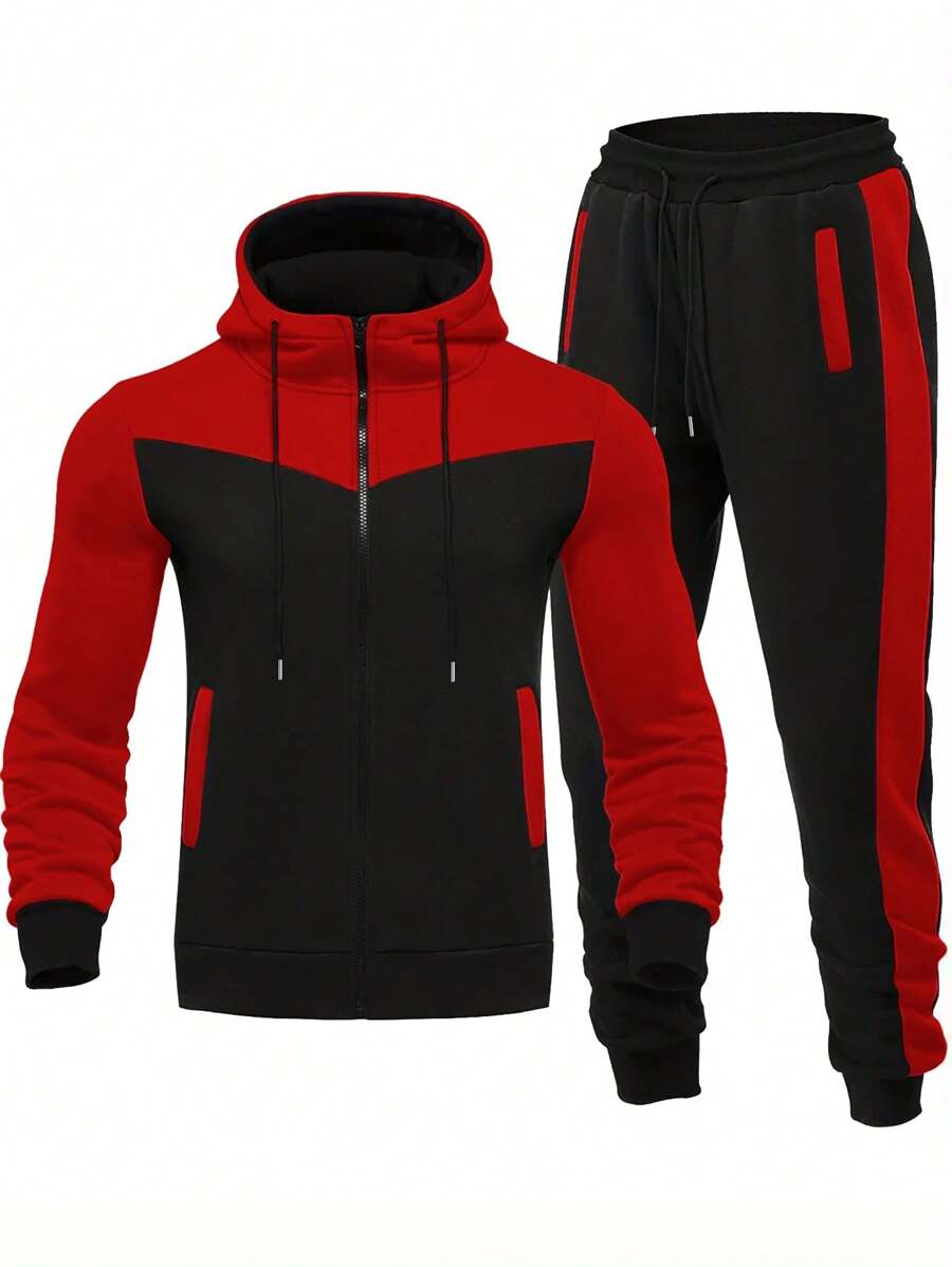 Manfinity Dauomo Completo uomo composto da giacca con cappuccio e pantaloni, con design monocolore e patchwork, stile minimalista
