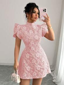 Elenzga Women's Vintage Red Textured Fabric Puff Sleeve Elegant High Collar Back Button Bow Contrasting Cutout Waist Design Slim Short Sleeve Mini Dress, Fashionable Summer - Pink - View 6