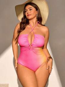 SHEIN Swim Curve Plus Size Women Random Print Halter Hollow Out One Piece Swimsuit For Summer Beach Vacation