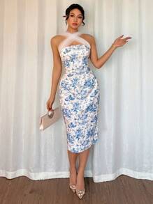 Chiquease Women's Ditsy Floral Crossover Backless Bodycon Dress, Spring/Summer - Blue and White - View 6