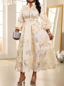 Fleurora Ladies' Floral Jacquard Long Lantern Sleeve Modest Dress Elegant Party Wedding Guests Four Seasons Old Money FestivalPlus Size Dresses Cruise Outfits Women