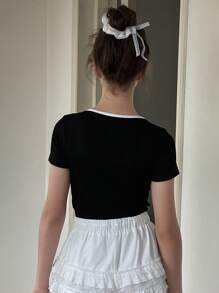 DAZY 青少年女孩时尚撞色短袖圆领 T 恤，适合夏季、返校服装 - 黑色 - 查看 5