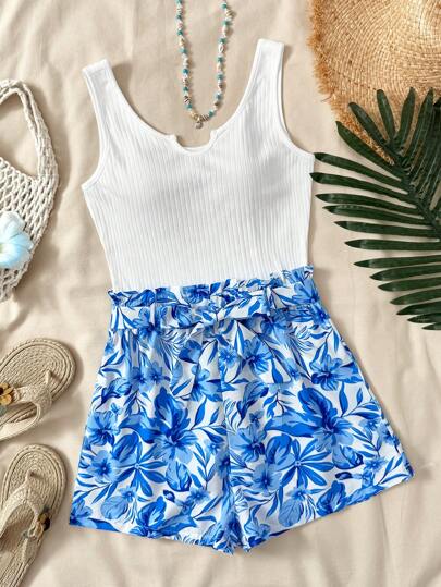 SHEIN Leap Crew TEENGIRL 蓝色 & Ditsy 花卉拼色连体裤，露背度假风连体裤