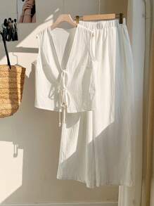 Comfortcana Plus Size Solid Color Bead Strap Tank Top And Wide Leg Pants Set For Women, Summer,Business Casual Woman - White - View 5