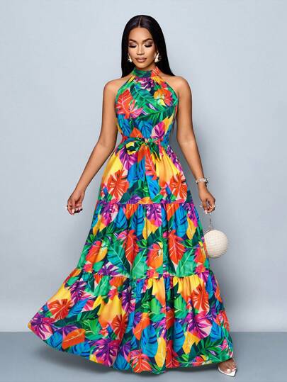 SOLERSUN Women's Fashionable All-Over Floral Print Halter Maxi Dress With Belt, Flowy For Vacation