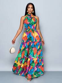 SOLERSUN 女士时尚全花卉印花挂脖长裙，配腰带，飘逸度假风 - 彩色 - 查看 6