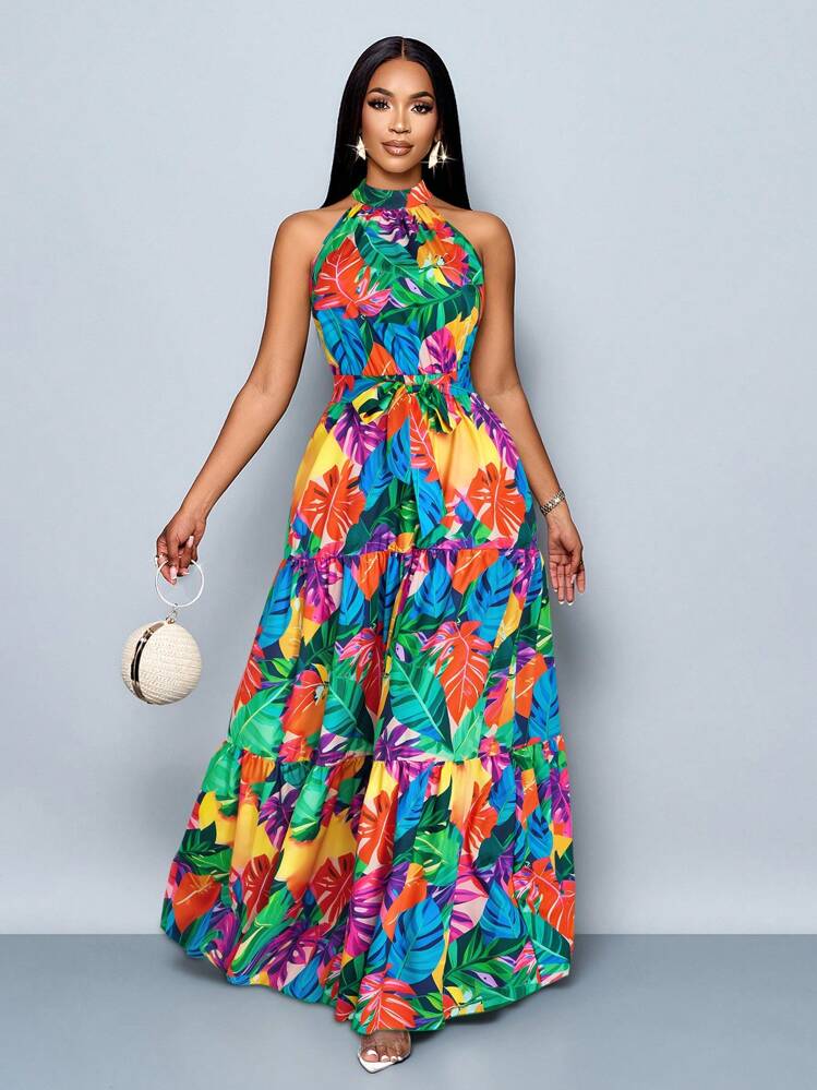 SOLERSUN Vestido largo de mujer con estampado floral en todo el vestido, estilo halter con cinturón, fluido para vacaciones - Multicolor - Añade 6