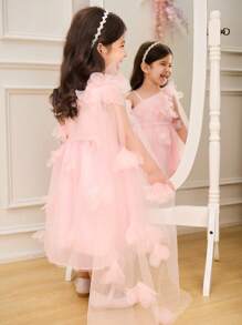 SHEIN Glamorique Kids 女童派对礼服公主裙花卉刺绣单肩网纱拖尾婚礼花童礼服，粉色 - 粉色 - 查看 6