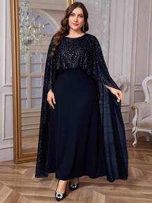 SHEIN Privé 大码女式优雅浪漫时尚性感风格黑色长款紧身连衣裙，适合派对、度假、返校、办公室、闪亮斗篷 - 藏蓝色 - 查看 3