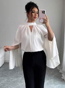 Elenzga Blusa ajustada de gasa con mangas acampanadas elegantes y cuello mao para mujeres, para verano