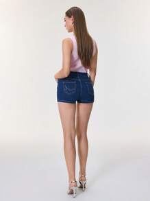 SHEIN Essnce Low Waist Denim Rhinestone Decorated Shorts For Women,New Summer Fashion Casual Elastic Fitted Sexy Slim Attractive Shorts - Blue - View 2