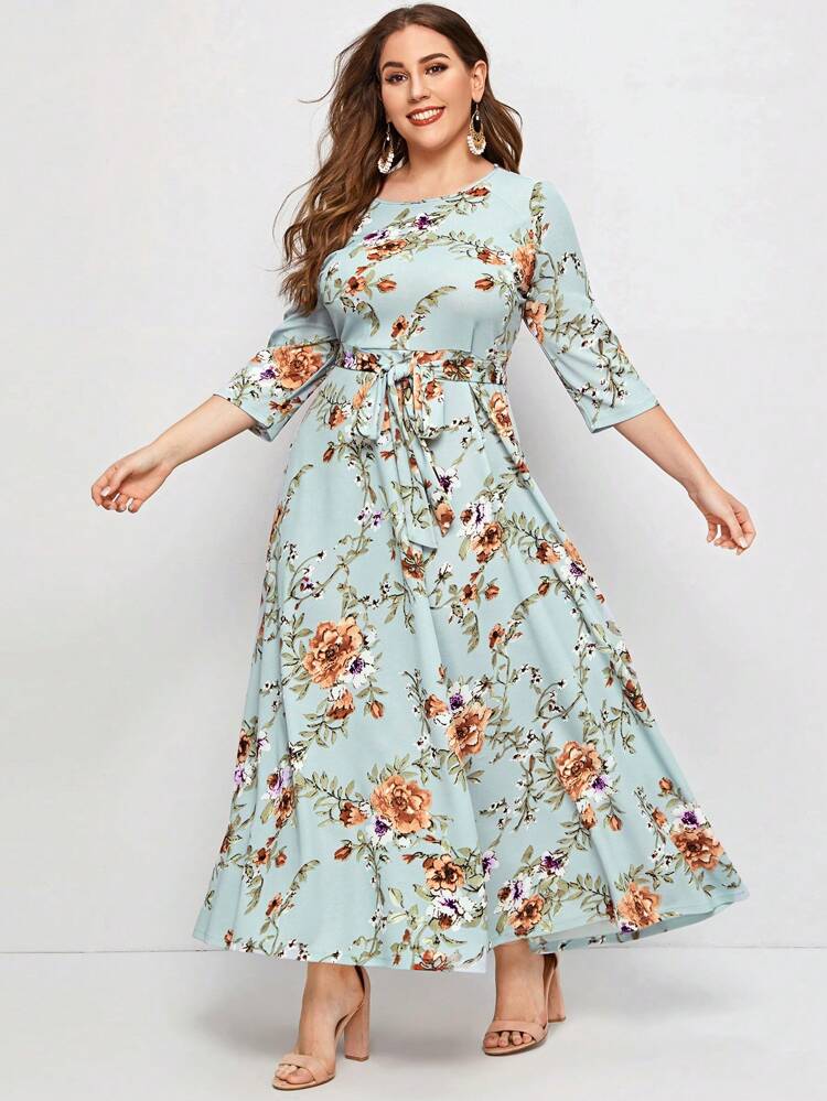 Plus Floral Print Self Belted Dress