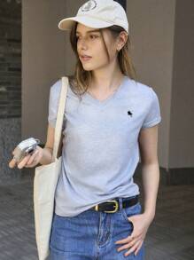 Camiseta de manga corta informal y minimalista con estampado de estrella para mujeres - Gris 2 - Ver 4