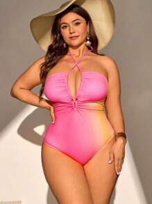 SHEIN Swim Curve Plus Size Women Random Print Halter Hollow Out One Piece Swimsuit For Summer Beach Vacation