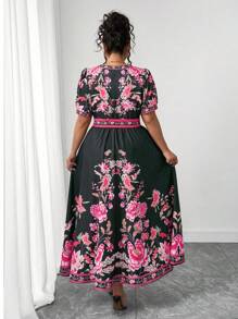 Elenzga 大码女式泰国、马尔代夫度假海滩度假村波西米亚风格印花V领盖袖连衣裙，收腰，春夏 - 彩色 - 查看 2