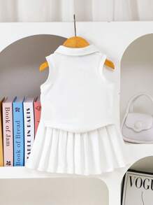 SHEIN Playful Pals 2 件套婴儿/女婴 Polo 领网球运动风格短袖上衣和裙子套装，亲子春夏套装 - 白色 - 查看 2