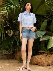 Aveloria GENKIRA Blouse ample à manches courtes style casual preppy, avec fleur en nœud de perle - Bleu azur - Voir 6