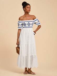 Travachic 夏季郊游约会连衣裙，度假单肩印花拼接下摆休闲纹理面料女式连衣裙，夏季沙滩度假连衣裙，返校季 - 白色 - 查看 4