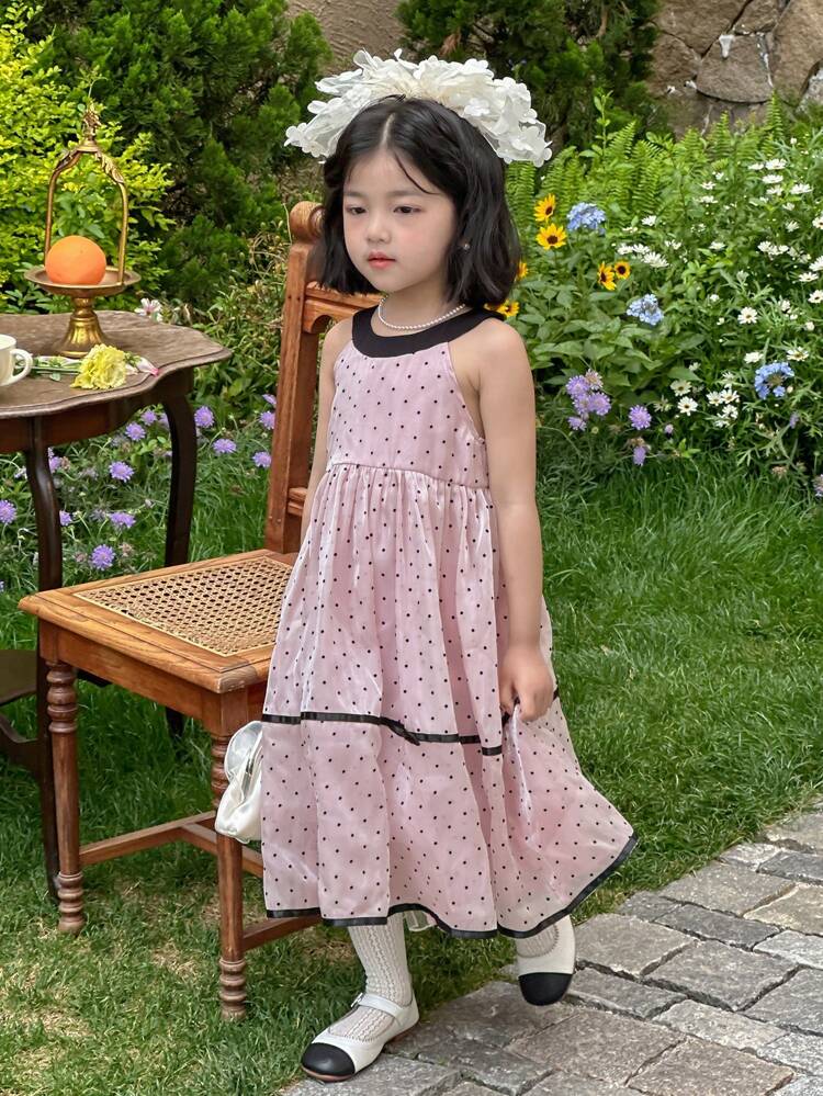 Young Girls Round Neck Polka Dot Sleeveless Dress, Summer