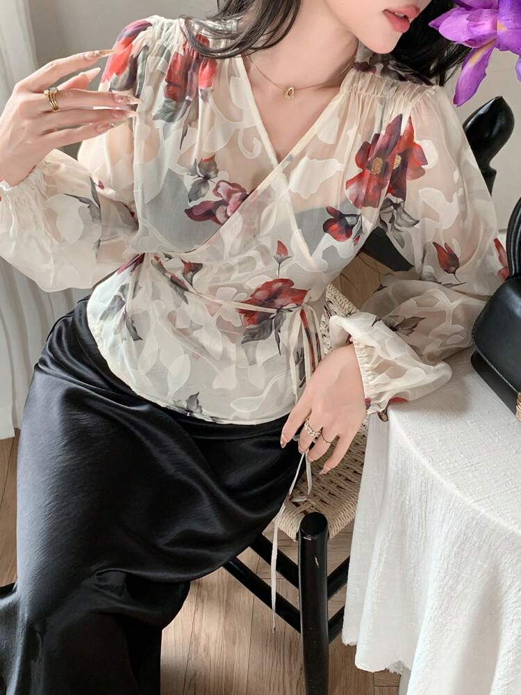 Floral Print Long Sleeve Wrap Front Tie Waist Lantern Sleeve Elegant Summer Vacation Women Blouse Shirt