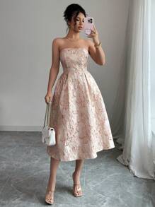 Selianne Women's Elegant Bandeau Midi Dress, Suitable For Going Out & Parties - Pink - View 3