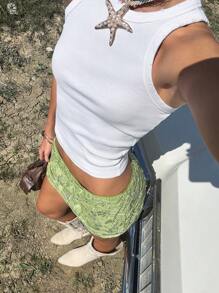 SHEIN EZwear 女式绿色编织刺绣亮片串珠提花迷你裙，适合春夏季、海滩度假、波西米亚风格 - 綠色 - 查看 5