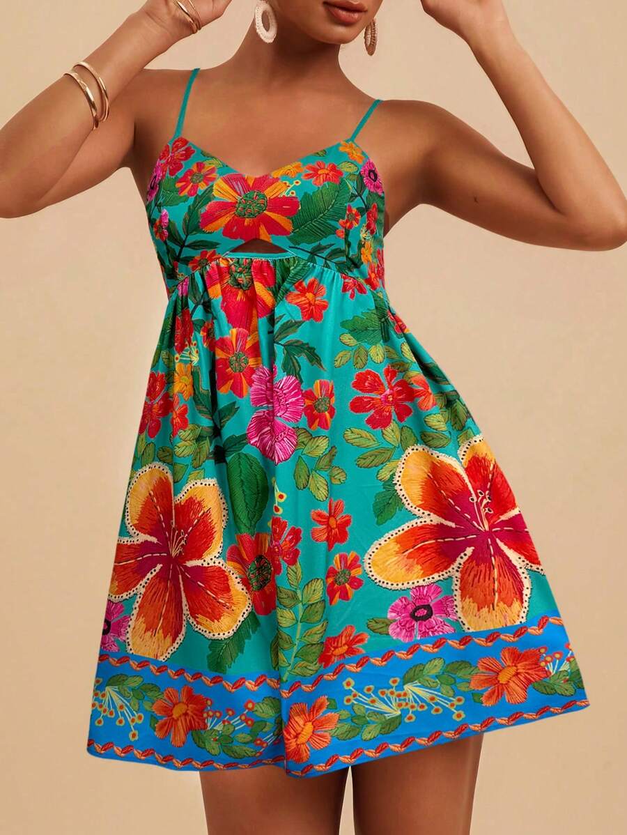 Travachic 女士花卉印花时尚细肩带迷你度假连衣裙