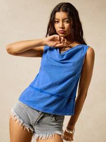 Easelle 1 件女式蓝色编织低领宽松背心 - 藍色 - 查看 6