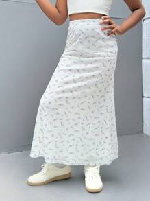 SHEIN Girlism 青少年女孩休闲碎花长款紧身半身裙 - 白色 - 查看 4