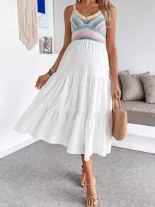 SHEIN 孕妇荷叶边下摆撞色休闲吊带中长连衣裙