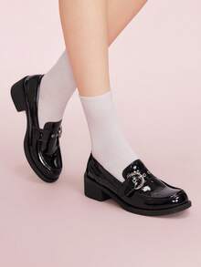 CUCCOO DOLLMOD Mocasini damă din piele lăcuită neagră, cu vârful rotund, stil retro clasic, simplu, universitar, versatili și confortabili