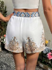 SHEIN LUNE Pantalones cortos de mujer con estampado de lazo y cordón, estilo de tribunal, para festivales, vacaciones, playa y aeropuerto, verano europeo - Multicolor - Ver 5