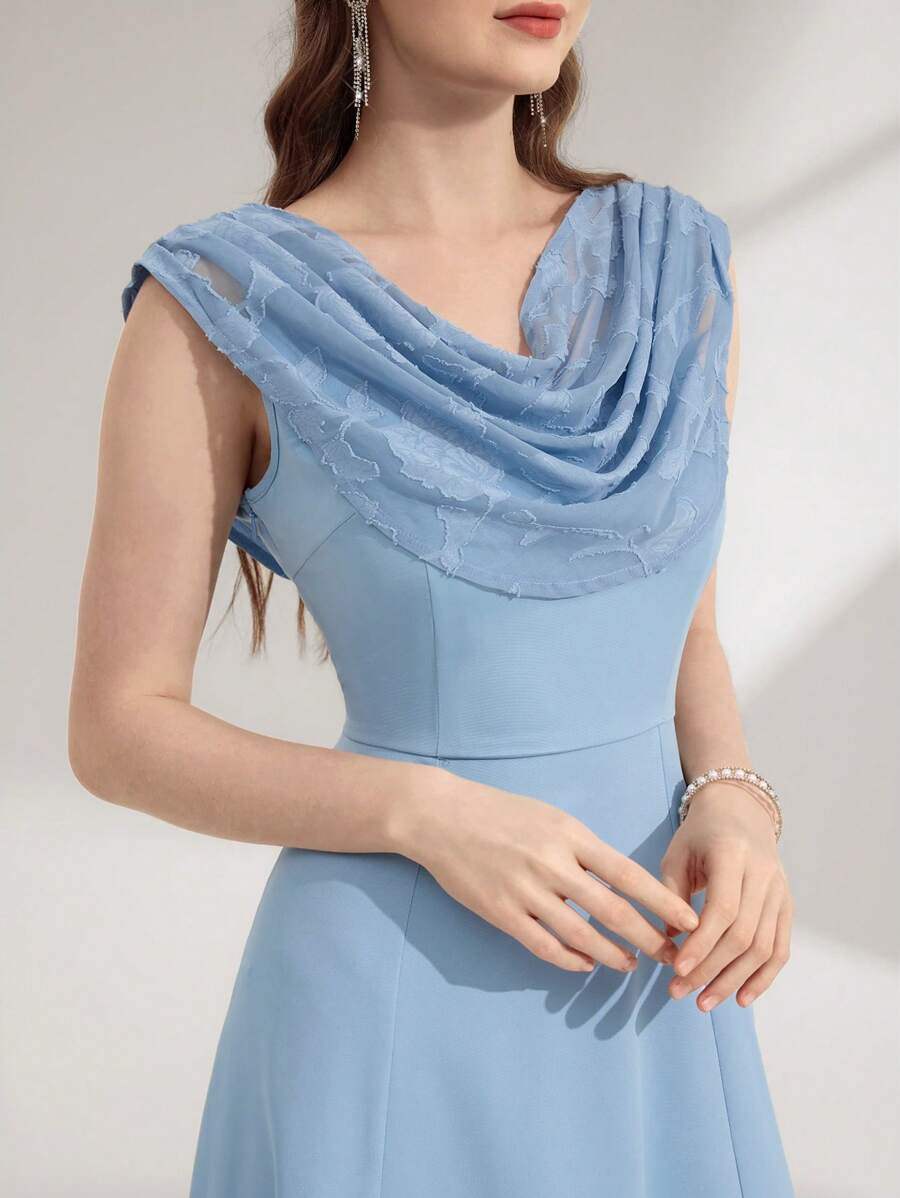 Modelyn Women's Niche Design High-End Sense Ruffle Neck Cinched Cinched Waist Dress - Blue - View 1