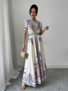 Chiquease Print Puff Sleeve Waisted Mini Dress - Apricot - View 3