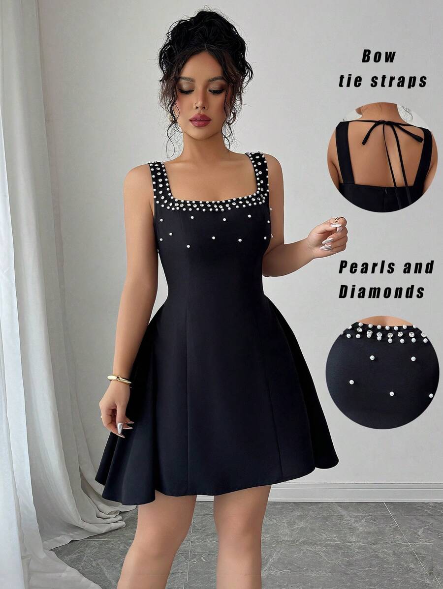 Elenzga 万圣节无袖方领系带水钻仿珍珠腰部 A 字优雅浪漫女士短款连衣裙 - 黑色 - 查看 1