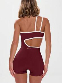 Musera Sport Asymmetrical Neck Contrast Trim Cut Out Unitard Active Workout Gym,Padel, Tennis, Pickleball Gym Fitness Yoga Pilates Daily Casual Summer - Burgundy - View 3