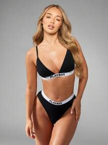 Missguided x Playboy 现代运动文胸丁字裤套装配套内衣套装高腰三角裤运动两件套休闲内衣套装 - 黑色 - 查看 3